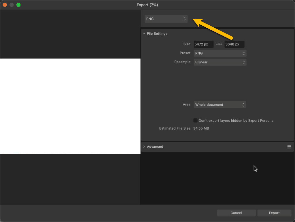 Uppdateringar i Affinity Photo exportera